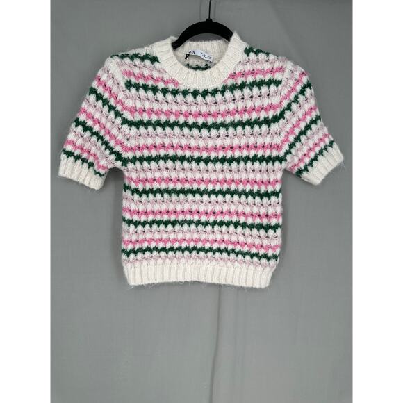 Zara Sweater Womens Small Pink Striped Green Open Knit Short Sleeve Soft Cozy - Picture 1 of 7